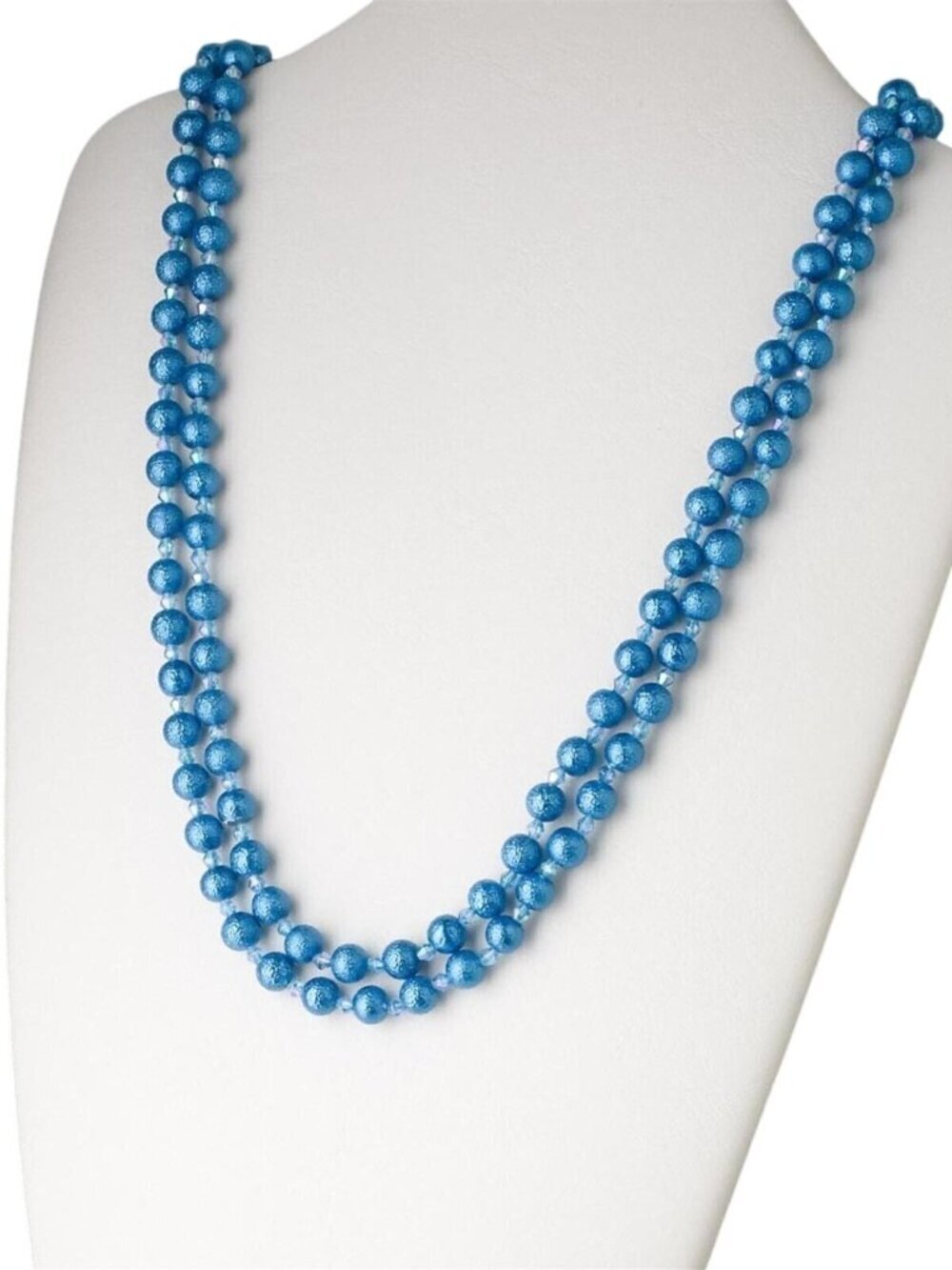 Retro Textured Glass Pearl Opera Length Necklace Azure Blue